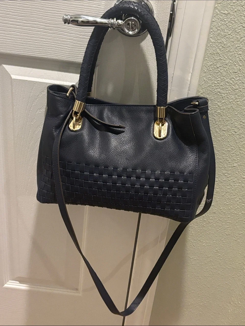 Cole Haan Navy Woven-Front Leather Shoulder Bag